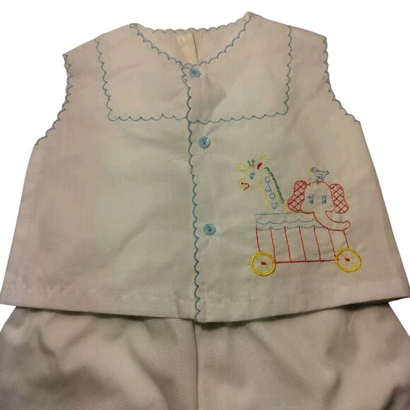 Vintage Baby Outfit White Sleeveless Shirt And Pants White Elephant Giraffe Set - Picture 2 of 10